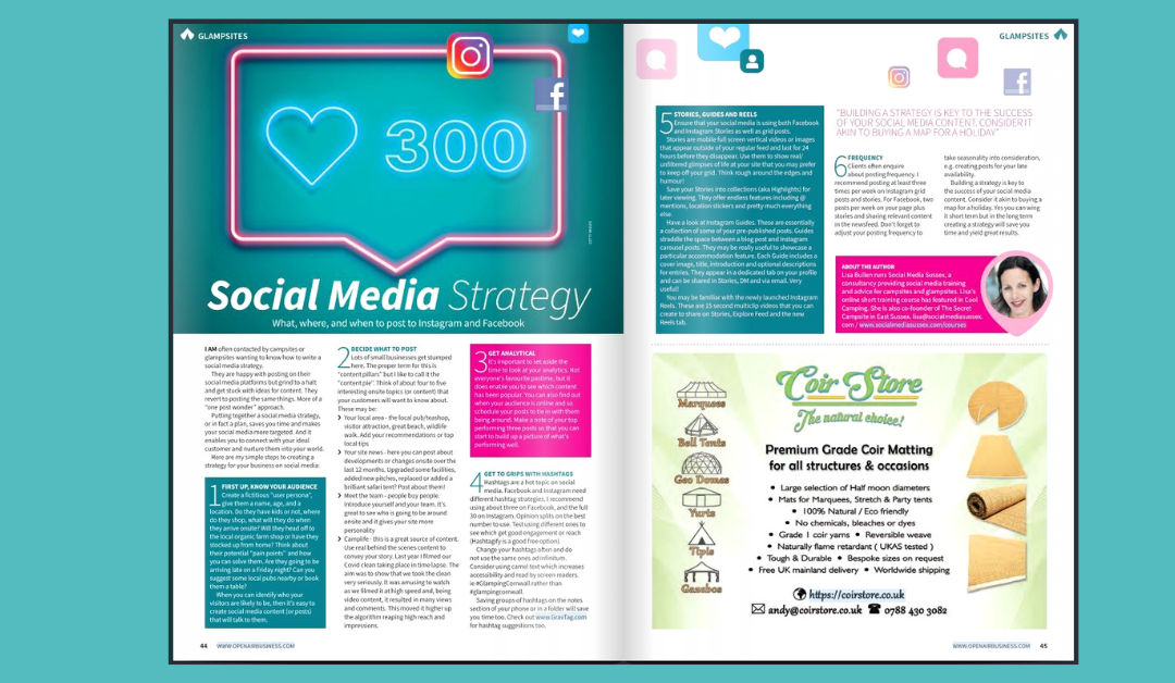 Social media strategy for campsites for Open Air Business magazine